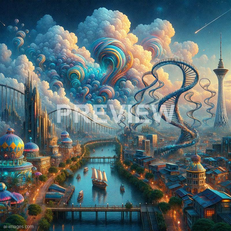 A fantastical cityscape features a combination of futuristic and whimsical architecture, with spiraling DNA-like towers and a tall, lattice-like tower on the right. The city is situated along a river with boats sailing, and the skyline is dominated by dramatic, swirling clouds and colorful, abstract formations in the sky. The scene is illuminated with a soft, glowing light, creating a surreal and vibrant atmosphere that blends elements of science fiction and fantasy.
